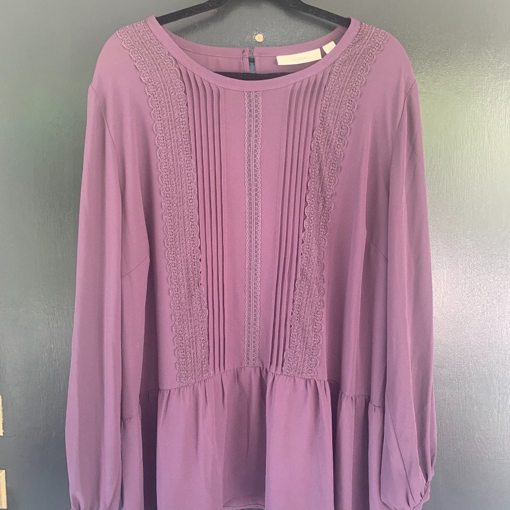 Sejour tunic with pintuck and lace accents in plum